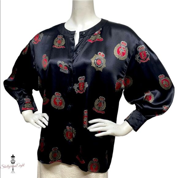 ESCADA Margaretha Ley Vintage 80s Button Up Silk Blouse Medals Crest 40 10 OVRSZ - Picture 7 of 14